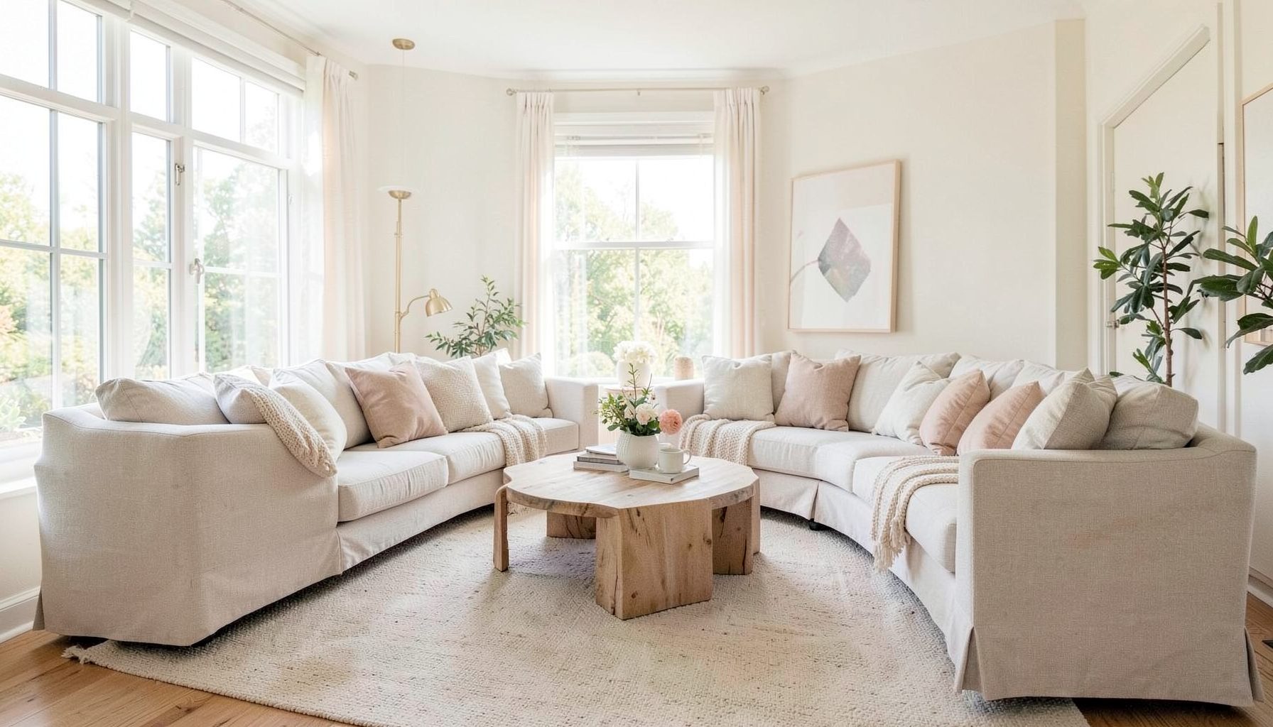 Bright and airy living room interior with comfortable seating, soft neutral tones, and natural daylight filling the space