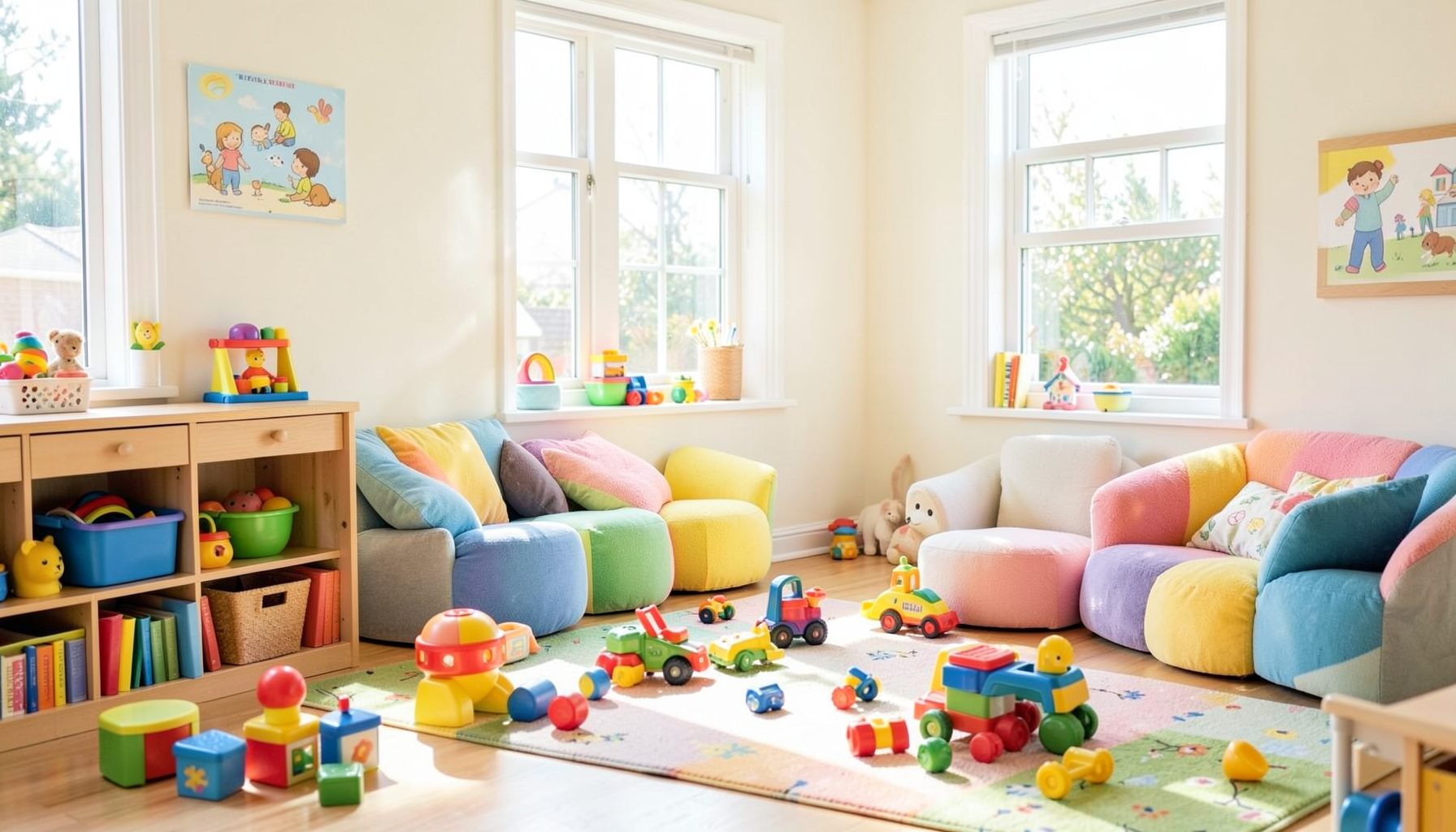 Bright and cheerful children's playroom with colorful toys, soft seating, and natural light streaming through windows